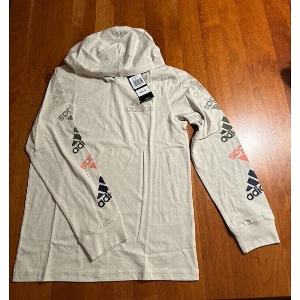 Adidas Boy's Shirt Cream Multicolor Logo Sleeve Hooded Long Sleeve Size Medium